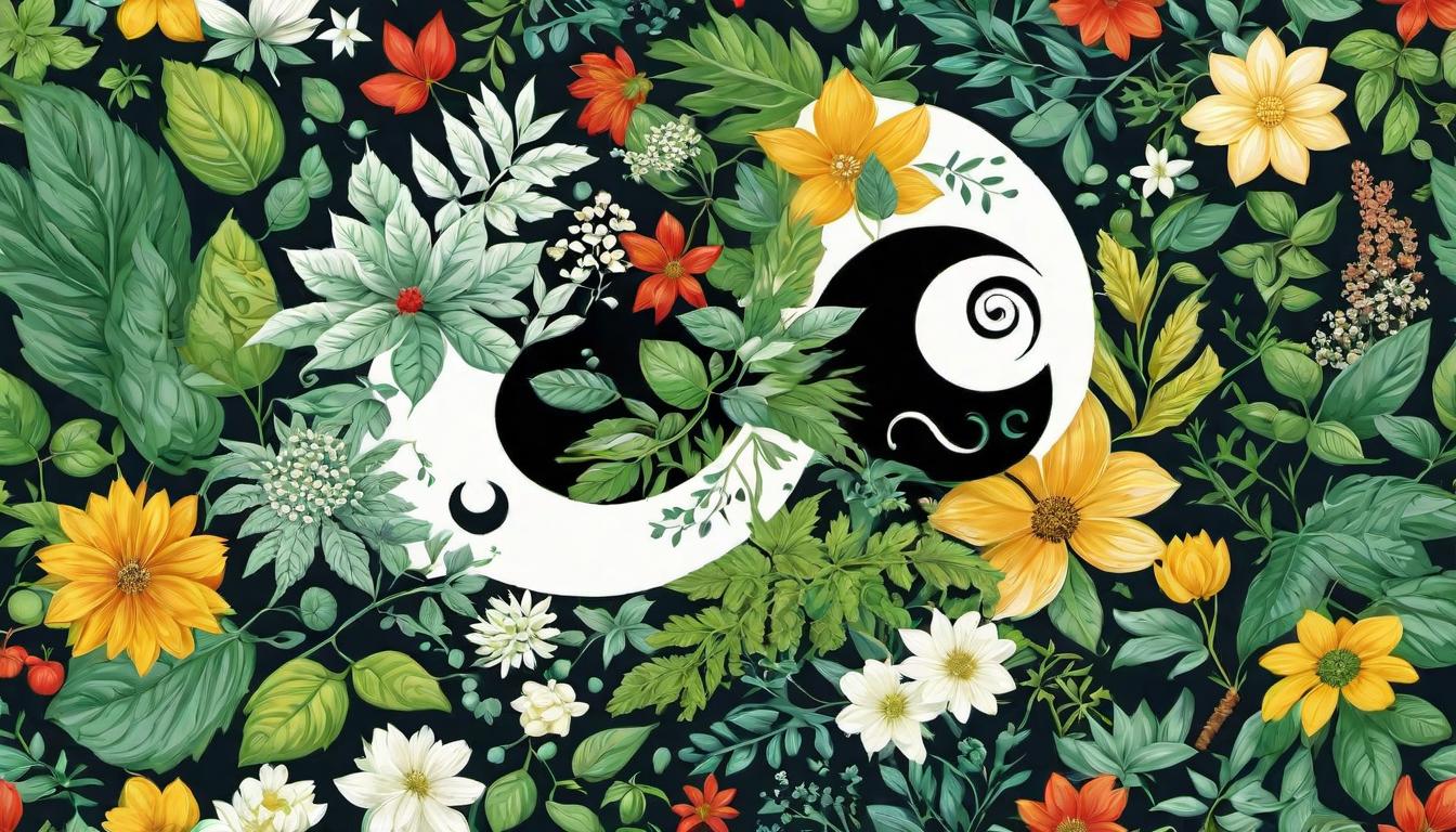  digital illustration A yin yang symbol surrounded by medicinal plants and a meditative figure, illustrating holistic practices as essential, balanced, restorative looking at viewer, dynamic pose, (intricate details, masterpiece, best quality)