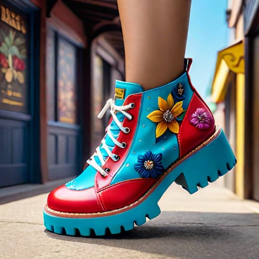  Subject detail: the image depicts a Highly detailed summer shoe with chunky soles, The shoe is covered in soft, luxurious materials. Art style: in the mixed art style of Buffalo London, Irregular Choice, and Osamu Tezuka. Medium: This artwork is highly detailed and photorealistic. hyperrealistic, full body, detailed clothing, highly detailed, cinematic lighting, stunningly beautiful, intricate, sharp focus, f/1. 8, 85mm, (centered image composition), (professionally color graded), ((bright soft diffused light)), volumetric fog, trending on instagram, trending on tumblr, HDR 4K, 8K