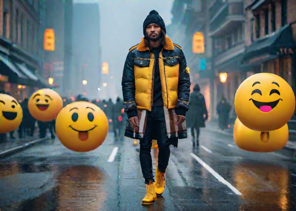  emojis hyperrealistic, full body, detailed clothing, highly detailed, cinematic lighting, stunningly beautiful, intricate, sharp focus, f/1. 8, 85mm, (centered image composition), (professionally color graded), ((bright soft diffused light)), volumetric fog, trending on instagram, trending on tumblr, HDR 4K, 8K