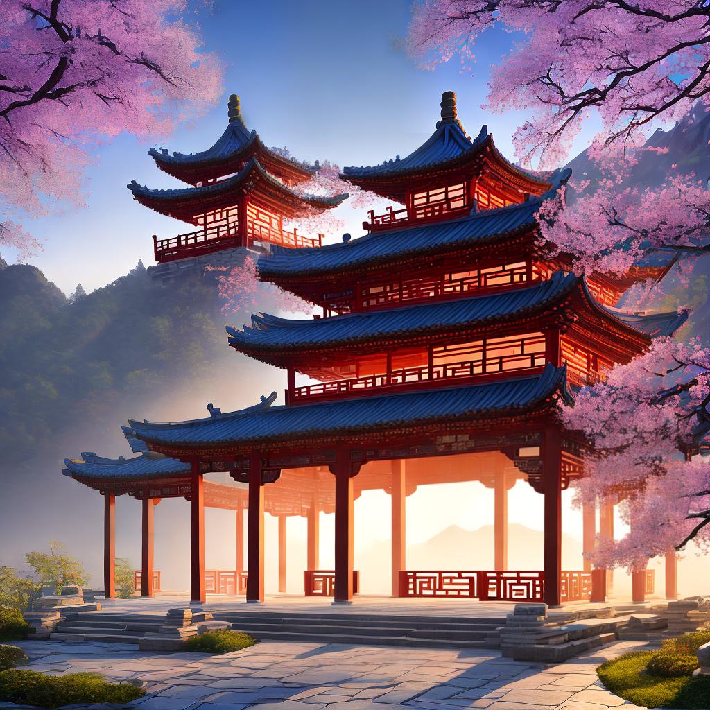  A visually stunning and meticulously detailed artwork, created with utmost precision and quality, capturing the essence of the ancient Chinese architectural gem, Tengwang Pavilion. This 8k resolution masterpiece portrays the pavilion resting gracefully amidst the serene mountains, enveloped in an ethereal mist. The vibrant colors of the surrounding blooming cherry blossom trees add a touch of elegance. The soft, warm lighting emanates from the pavilion's windows, illuminating the intricately carved wooden structures and stone steps. The scene exudes a sense of tranquility and historical grandeur. hyperrealistic, full body, detailed clothing, highly detailed, cinematic lighting, stunningly beautiful, intricate, sharp focus, f/1. 8, 85mm, (centered image composition), (professionally color graded), ((bright soft diffused light)), volumetric fog, trending on instagram, trending on tumblr, HDR 4K, 8K