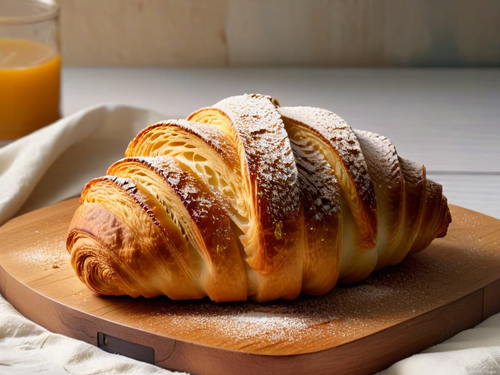  A closeup, ultradetailed image of a perfectly goldenbrown croissant, freshly baked and still steaming, resting on a rustic wooden table with a scattering of powdery flour and a few delicate crumbs. The flaky layers of the croissant are visible, with a slight sheen on the surface showcasing its buttery goodness. The lighting is soft and natural, highlighting the texture and warmth of the pastry, creating an inviting and mouthwatering visual. hyperrealistic, full body, detailed clothing, highly detailed, cinematic lighting, stunningly beautiful, intricate, sharp focus, f/1. 8, 85mm, (centered image composition), (professionally color graded), ((bright soft diffused light)), volumetric fog, trending on instagram, trending on tumblr, HDR 4K, 8K