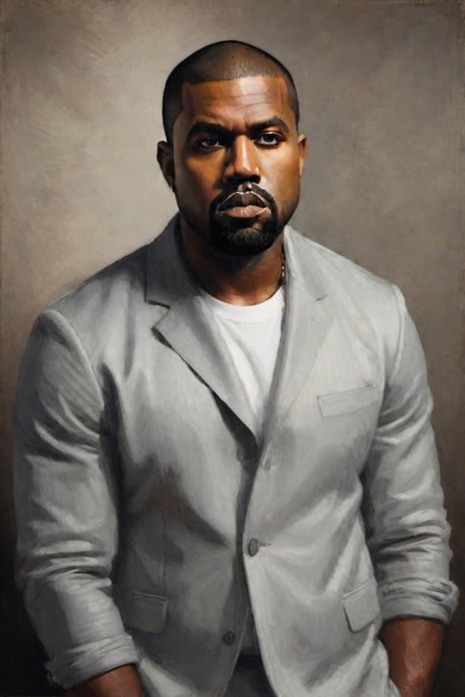  , A striking black and white portrait of Kanye West, captured in a dramatic pose that showcases his confident and commanding presence. Kanye is shown looking directly at the camera, his expression intense and unwavering. The background is minimalist, allowing the focus to remain on Kanye's distinctive features and the powerful aura he exudes. The overall image conveys a sense of Kanye's artistic vision, creative genius, and larger than life persona. hyperrealistic, full body, detailed clothing, highly detailed, cinematic lighting, stunningly beautiful, intricate, sharp focus, f/1. 8, 85mm, (centered image composition), (professionally color graded), ((bright soft diffused light)), volumetric fog, trending on instagram, trending on tumblr, HDR 4K, 8K