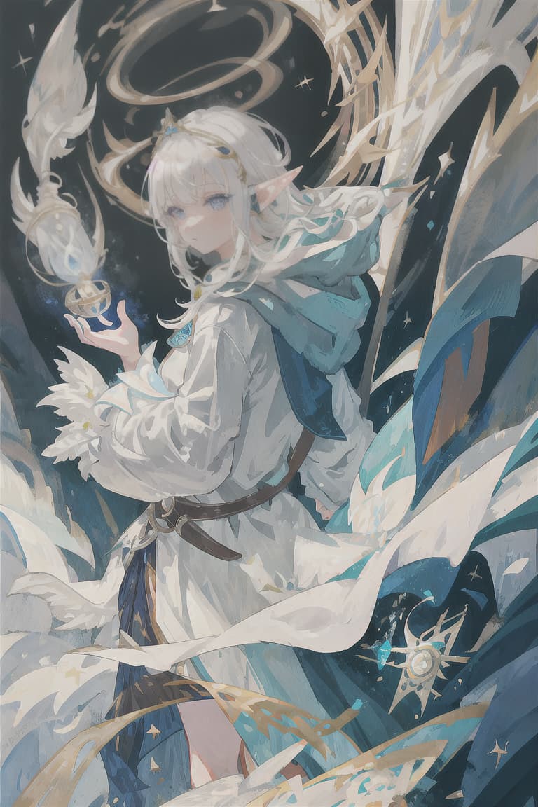  master piece , best quality,Girl, elf ears, white hair, bobbed hair, light blue eyes, white hooded cloak, wizard, grimoire full of light