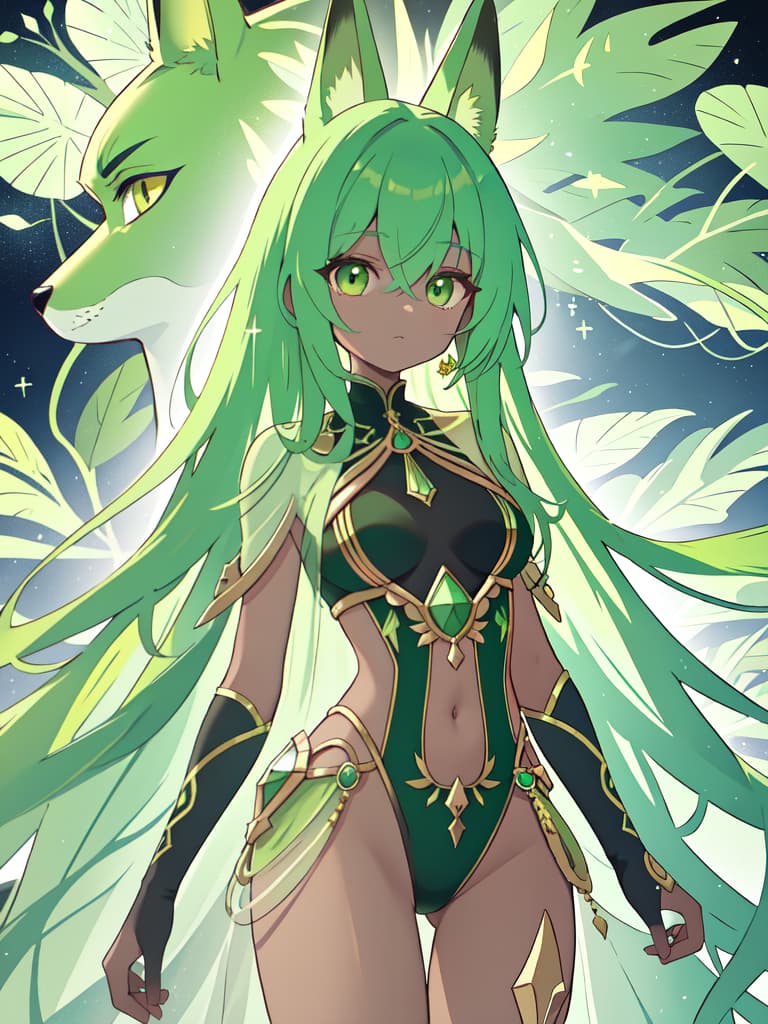  Green hair character and Anubis, masterpiece, best quality,8k,ultra detailed,high resolution,an extremely delicate and beautiful,hyper detail