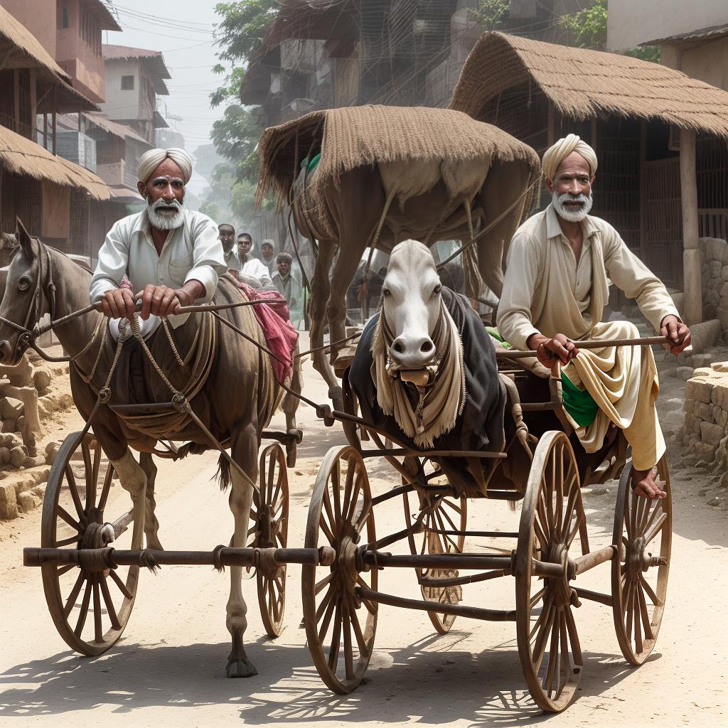  a man on bullock cart coming from the street of an Indian village