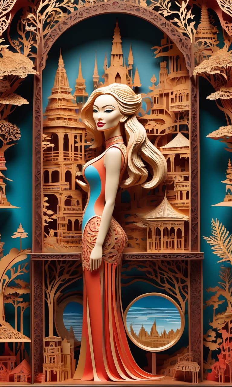  stacked papercut art of Illustrative art of a place where inventions and adventures are felt, a very detailed and deep representation. A blonde with a beautiful back in extravagant ethnic clothing sees herself in the reflection of the mirror. Use only three colors and their shades. . 3D, layered, dimensional, depth, precision cut, stacked layers, papercut, high contrast hyperrealistic, full body, detailed clothing, highly detailed, cinematic lighting, stunningly beautiful, intricate, sharp focus, f/1. 8, 85mm, (centered image composition), (professionally color graded), ((bright soft diffused light)), volumetric fog, trending on instagram, trending on tumblr, HDR 4K, 8K