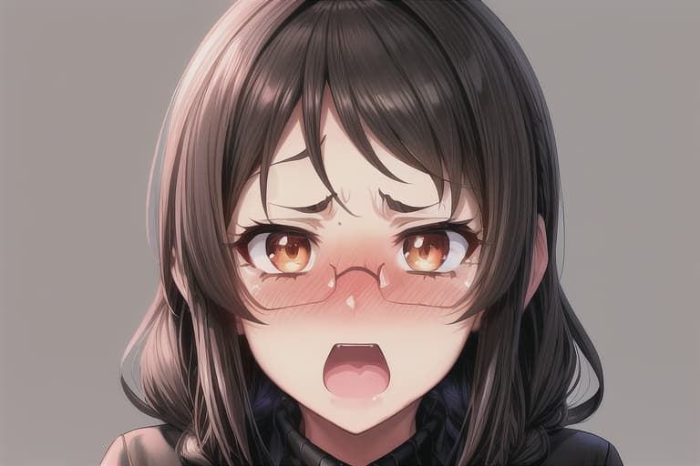  (((SFW))), detailed illustration of a woman, ((((flustered)))), ((yelling at viewer)), ((((nose blush)))), ((comical)), ((((funny)))), ((face closeup)), ((masterpiece)), highres, absurdres, ultra detailed, HD, 8K, wallpaper, ((jet black hair)), (((double braided hairstyle))), ((brown eyes)), ((perfect eyes)), prominent pupils, detailed eyes, detailed nose, detailed mouth, detailed hair, (((simple background))), (((rectangular glasses with black frame))), (large breasts), ((coffee brown sweater)), embarassed expression, expressive eyes, ((perfect eyes)), (nice hands), simple background, (fine detail), prominent outline, sharp nose, (perfect eyes), expressive eyes, shiny lens, ((HD))