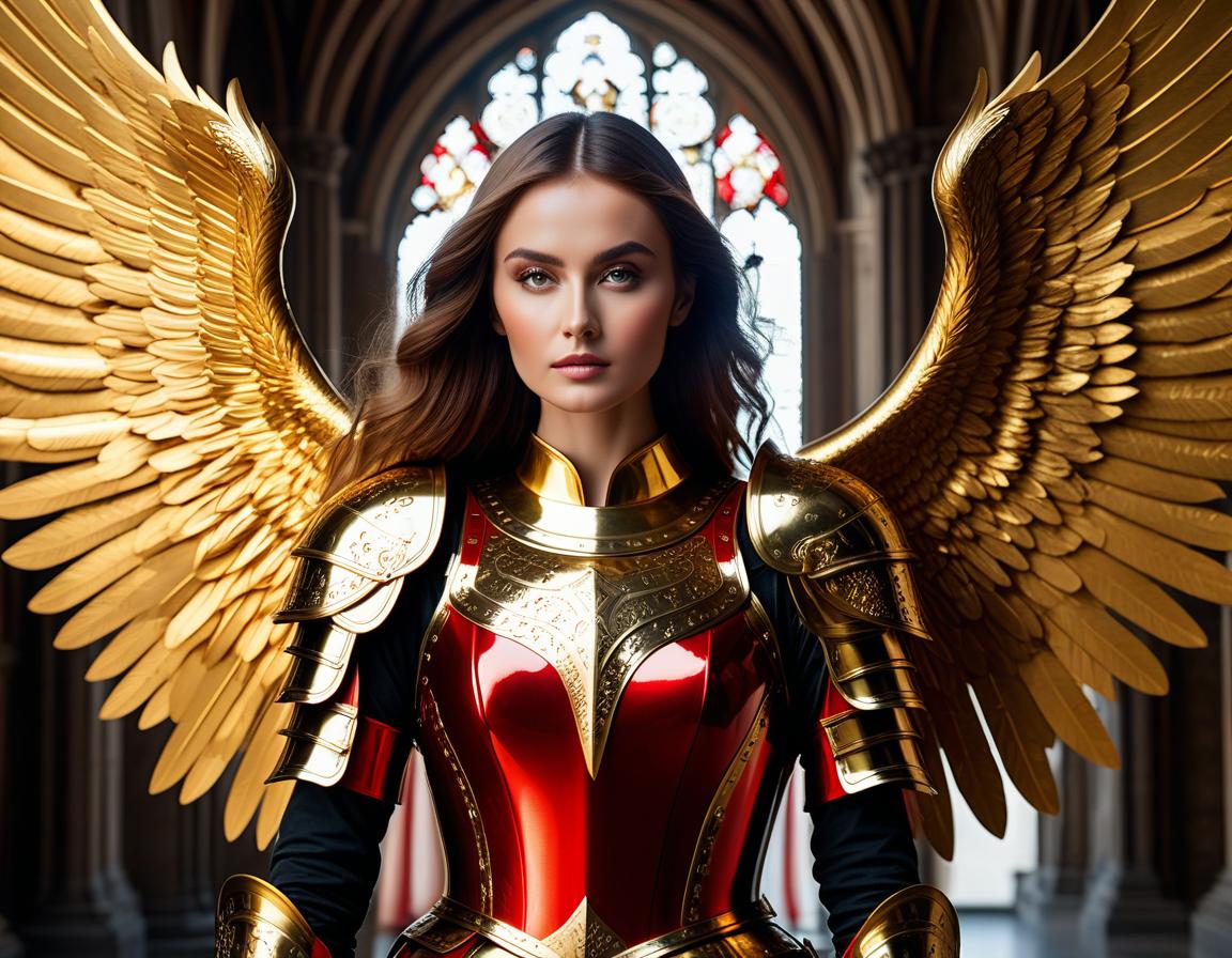  cinematic film still A very beautiful angel with huge red wings, in full shiny with gold armor Gothic Milanese armor of the mid 15th century, as in the paintings of Konrad Witz, with a huge Zweihander sword in her hands Mesmerizing woman detailed hot eyes, lively look, stunning, highly detailed, 8k, Editorial low angle shot of a stunning supermodel wearing deep red dark tulle, with long hair flowing in the wind, surrounded by darkness. Her face is adorned with intricate jewelry, creating an elegant atmosphere. The overall color scheme of her outfit consists mainly of dark tones, adding to its mysterious allure. The focus is on her face. Shot on Helbladt composition, digital art on pixiv, artstation, 8k, HDREditorial low an hyperrealistic, full body, detailed clothing, highly detailed, cinematic lighting, stunningly beautiful, intricate, sharp focus, f/1. 8, 85mm, (centered image composition), (professionally color graded), ((bright soft diffused light)), volumetric fog, trending on instagram, trending on tumblr, HDR 4K, 8K