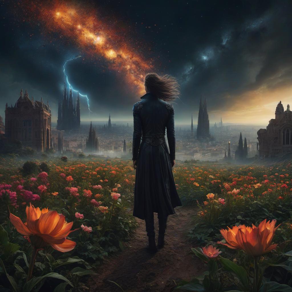  (stylized by Tomasz Alen Kopera:1.3) , dark art, dense flower field and Perseid meteor in background, landscape of a (Barcelona:1.2) , very Bizarre and 1600'S, Hurricane, Glitchcore, Amaro, layered textures, ornate, intricate artistic color, complimentary colors, very inspirational, atmosphere, fine artistic composition, sunny, theatrical hyperrealistic, full body, detailed clothing, highly detailed, cinematic lighting, stunningly beautiful, intricate, sharp focus, f/1. 8, 85mm, (centered image composition), (professionally color graded), ((bright soft diffused light)), volumetric fog, trending on instagram, trending on tumblr, HDR 4K, 8K