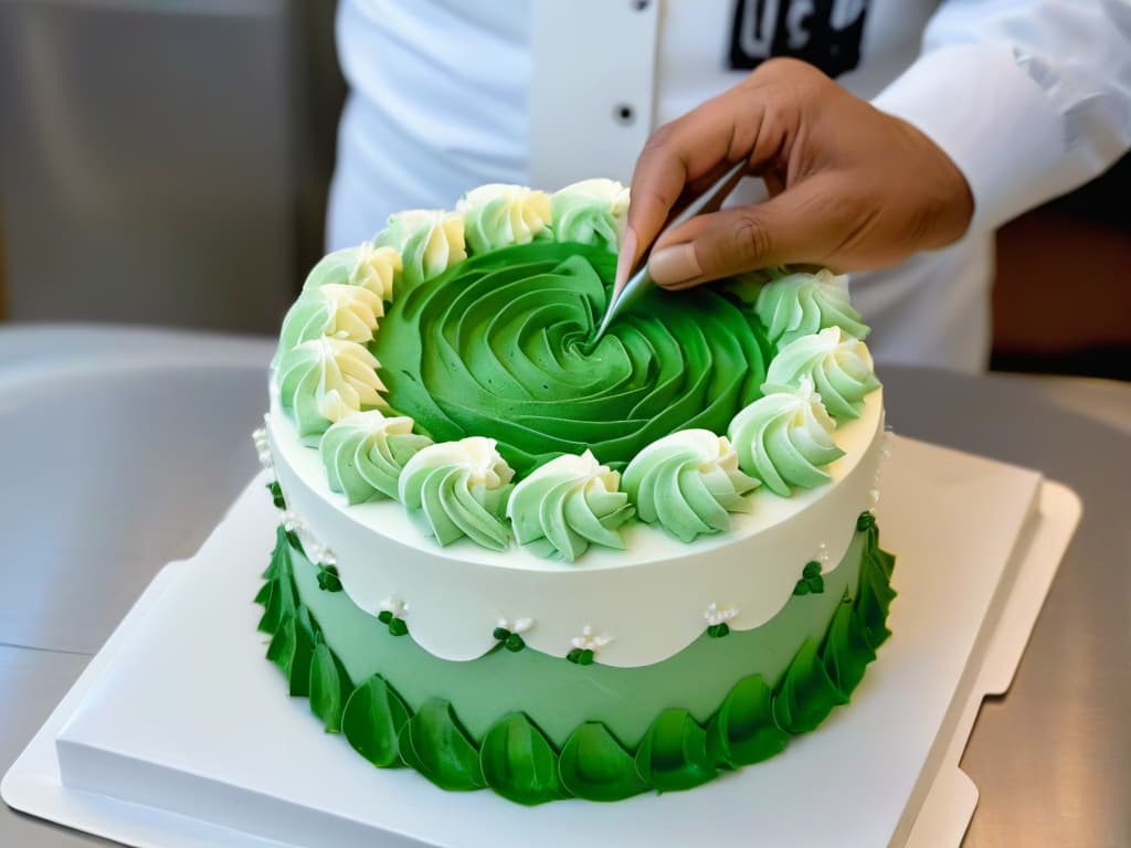  An ultradetailed closeup image of a skilled pastry chef delicately piping intricate designs on a small, exquisite cake using various vibrant colored frosting tips. The chef's hands are steady and precise, showcasing the artistry and precision required in innovative pastry techniques. The focus is on the intricate details of the frosting work, highlighting the beauty and creativity in modern pastry decoration. hyperrealistic, full body, detailed clothing, highly detailed, cinematic lighting, stunningly beautiful, intricate, sharp focus, f/1. 8, 85mm, (centered image composition), (professionally color graded), ((bright soft diffused light)), volumetric fog, trending on instagram, trending on tumblr, HDR 4K, 8K