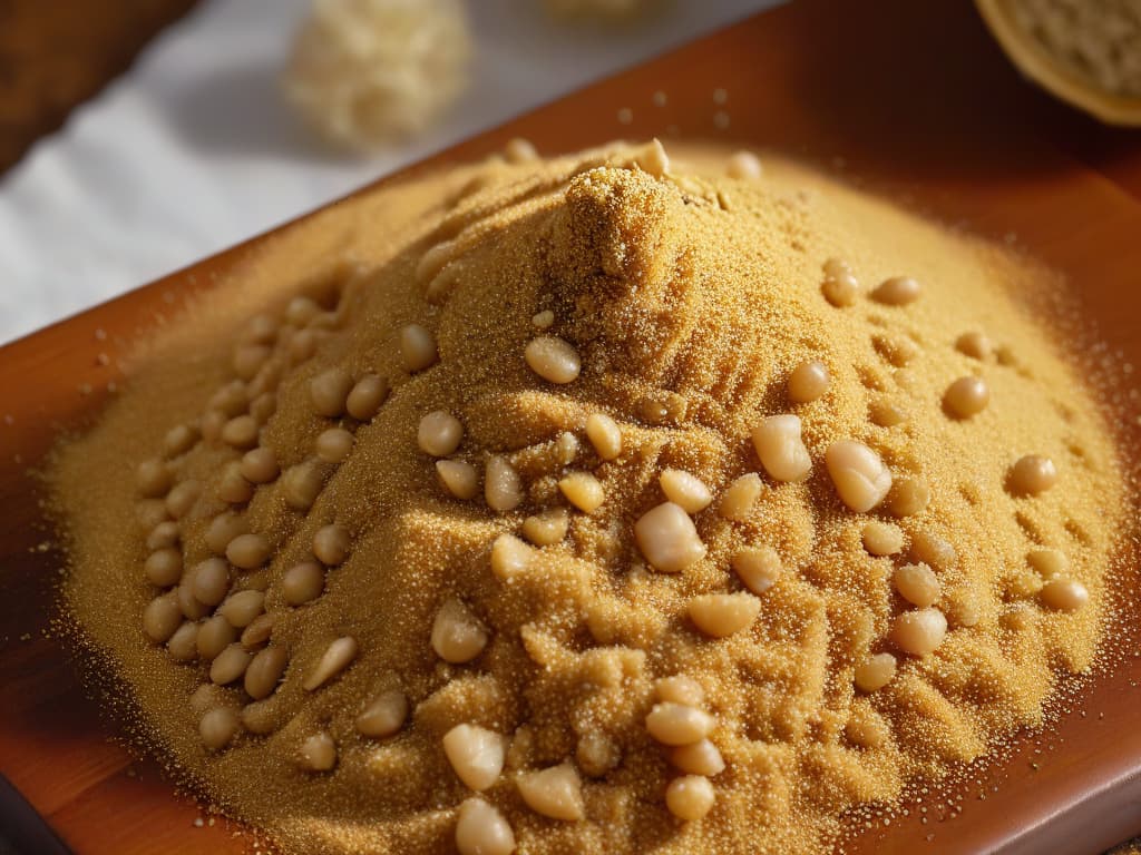  A closeup, ultradetailed image of a perfectly golden quinoa grain resting on a bed of fluffy quinoa flour, showcasing the intricate texture and natural beauty of this Andean superfood. The grain is delicately lit to highlight its contours and the fine details of its surface, creating a visually stunning and minimalist composition that captures the essence of the article's focus on the benefits of incorporating quinoa into pastry recipes. hyperrealistic, full body, detailed clothing, highly detailed, cinematic lighting, stunningly beautiful, intricate, sharp focus, f/1. 8, 85mm, (centered image composition), (professionally color graded), ((bright soft diffused light)), volumetric fog, trending on instagram, trending on tumblr, HDR 4K, 8K