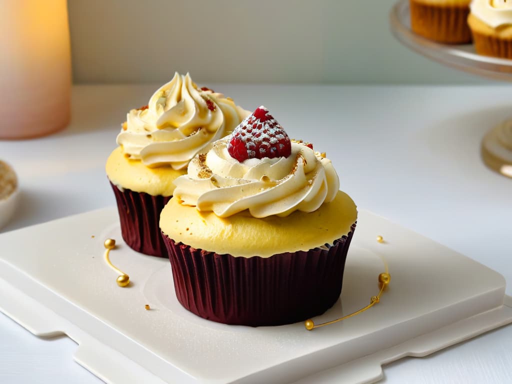  A closeup, ultradetailed image of a delicate vegan cupcake, perfectly frosted with swirls of dairyfree buttercream and topped with a fresh raspberry and a sprinkle of edible gold flakes. The cupcake is set on a sleek, modern plate with a subtle matte finish, emphasizing the textures and colors of the dessert. The lighting is soft and natural, casting gentle shadows that highlight the intricate details of the cupcake's decoration. hyperrealistic, full body, detailed clothing, highly detailed, cinematic lighting, stunningly beautiful, intricate, sharp focus, f/1. 8, 85mm, (centered image composition), (professionally color graded), ((bright soft diffused light)), volumetric fog, trending on instagram, trending on tumblr, HDR 4K, 8K