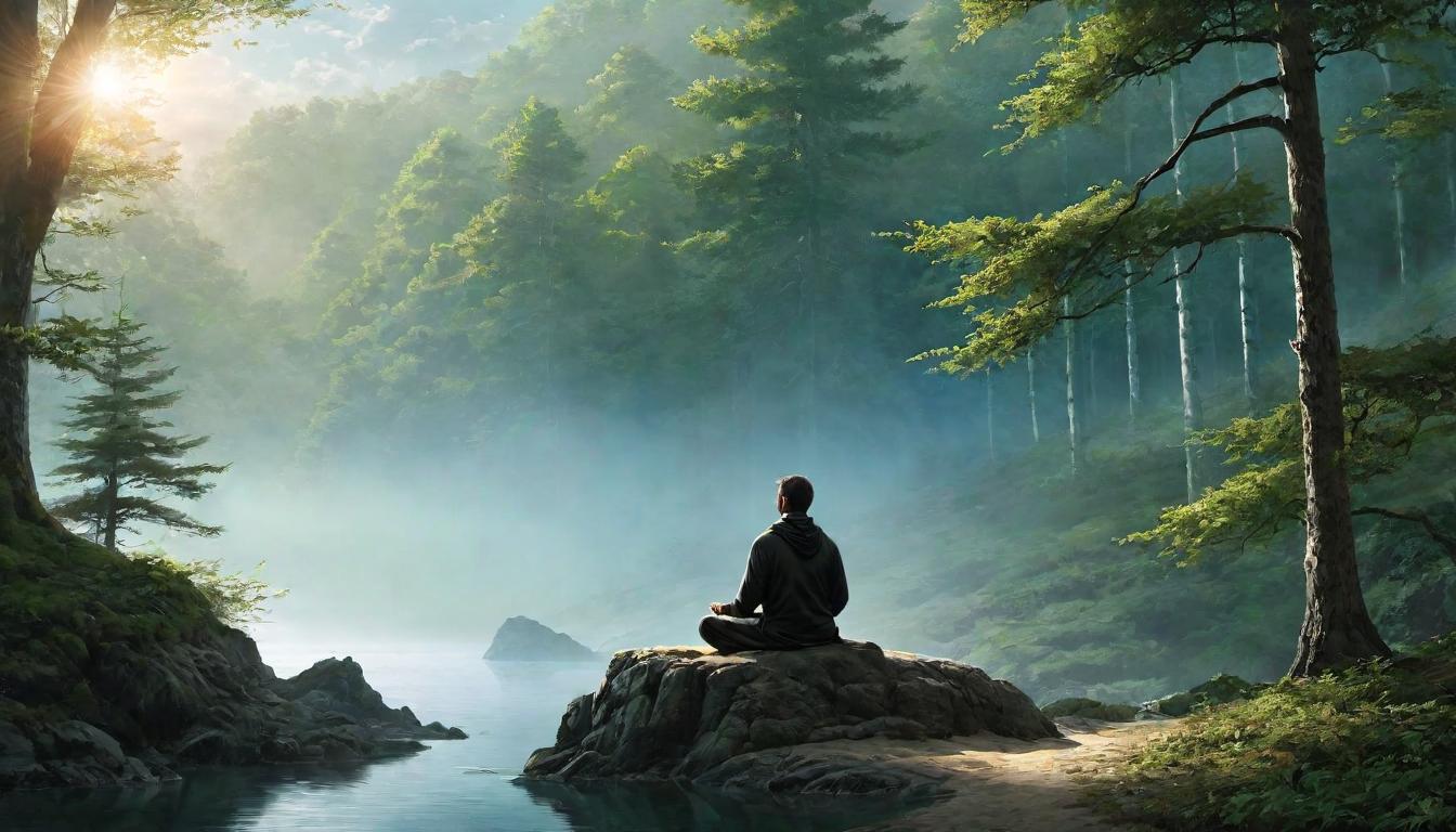  （surrealism)A person seated in a meditative pose, slight glow around body, peaceful woodland backdrop, serene, focused, aura of strength mystic, intricate details, best quality)