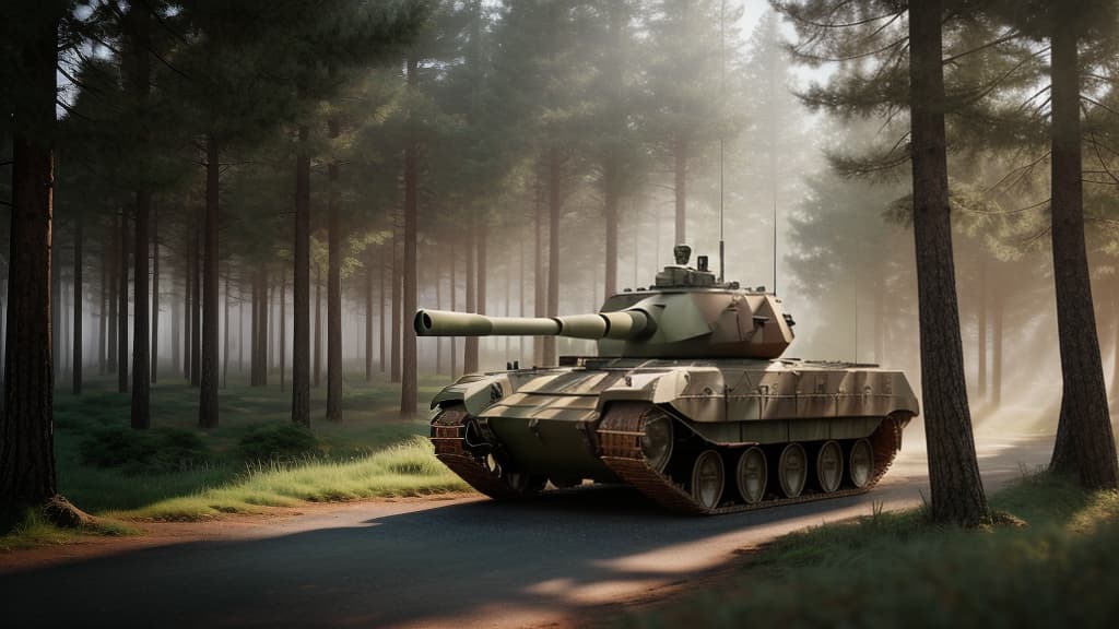  A armored tank.  The armored tank wa and had gr and moss on it.  The surroundings are full of forests and mountains.  Bright sunlight fell through the trees onto the armored tank. Resolution 8k realistic. , hyperrealistic, high quality, highly detailed, cinematic lighting, intricate, sharp focus, f/1. 8, 85mm, (centered image composition), (professionally color graded), ((bright soft diffused light)), volumetric fog, trending on instagram, HDR 4K, 8K