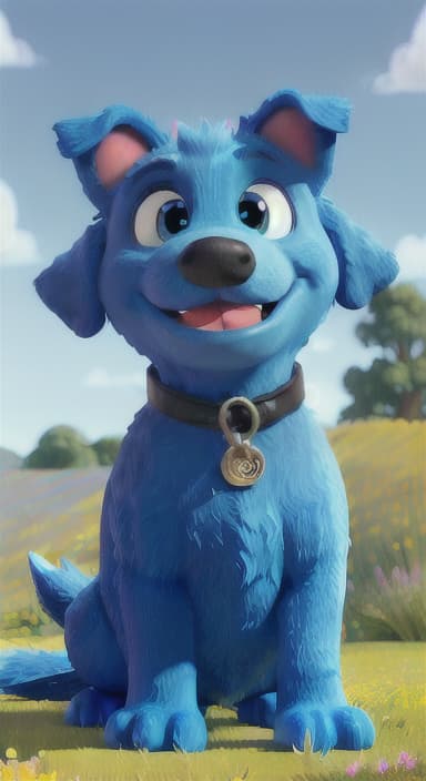  {A happy, big blue dog wagging its tail in a colorful meadow, The big blue dog is large with sky blue fur, big round eyes, a black nose, and floppy ears.