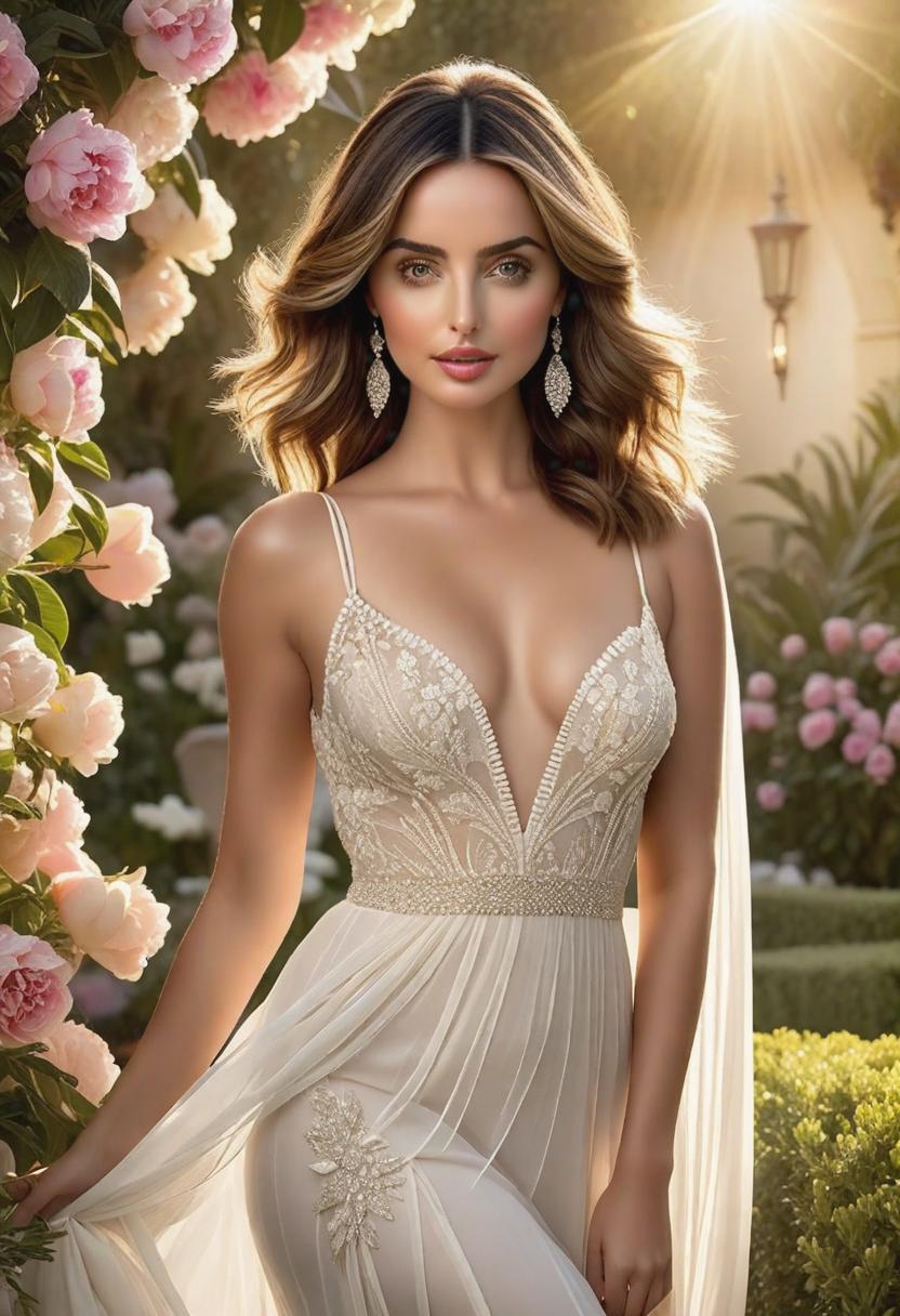  1. Ana De Armas gracefully poses in a sun-drenched garden, exuding elegance and confidence. The realistic portrayal captures her every delicate feature, showcasing her radiant beauty. Soft, warm lighting emphasizes her flawless complexion and adds a touch of ethereal charm. hyperrealistic, full body, detailed clothing, highly detailed, cinematic lighting, stunningly beautiful, intricate, sharp focus, f/1. 8, 85mm, (centered image composition), (professionally color graded), ((bright soft diffused light)), volumetric fog, trending on instagram, trending on tumblr, HDR 4K, 8K