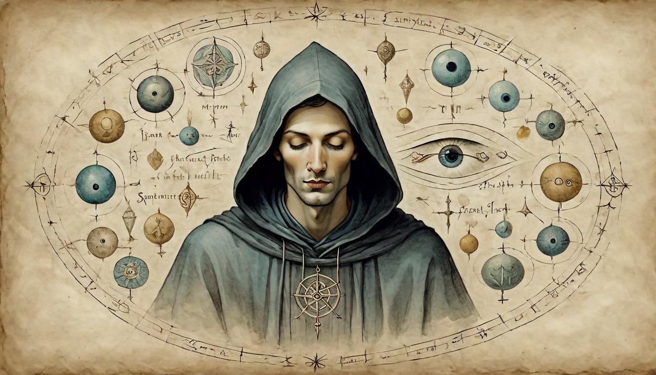  on parchment, surrealism+++, A hooded figure with eyes closed, surrounded by floating symbols, ethereal light illuminating the face, focused, serene(mysterious, provocative, symbolic,muted color)+++