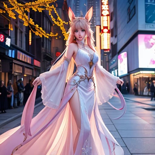  (best quality:0.8), (best quality:0.8), perfect anime illustration, extreme closeup portrait of a pretty woman walking through the city rabbit moon hyperrealistic, full body, detailed clothing, highly detailed, cinematic lighting, stunningly beautiful, intricate, sharp focus, f/1. 8, 85mm, (centered image composition), (professionally color graded), ((bright soft diffused light)), volumetric fog, trending on instagram, trending on tumblr, HDR 4K, 8K