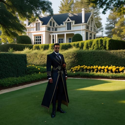  Thomas wolf as a black man on a mansion lawn. hyperrealistic, full body, detailed clothing, highly detailed, cinematic lighting, stunningly beautiful, intricate, sharp focus, f/1. 8, 85mm, (centered image composition), (professionally color graded), ((bright soft diffused light)), volumetric fog, trending on instagram, trending on tumblr, HDR 4K, 8K