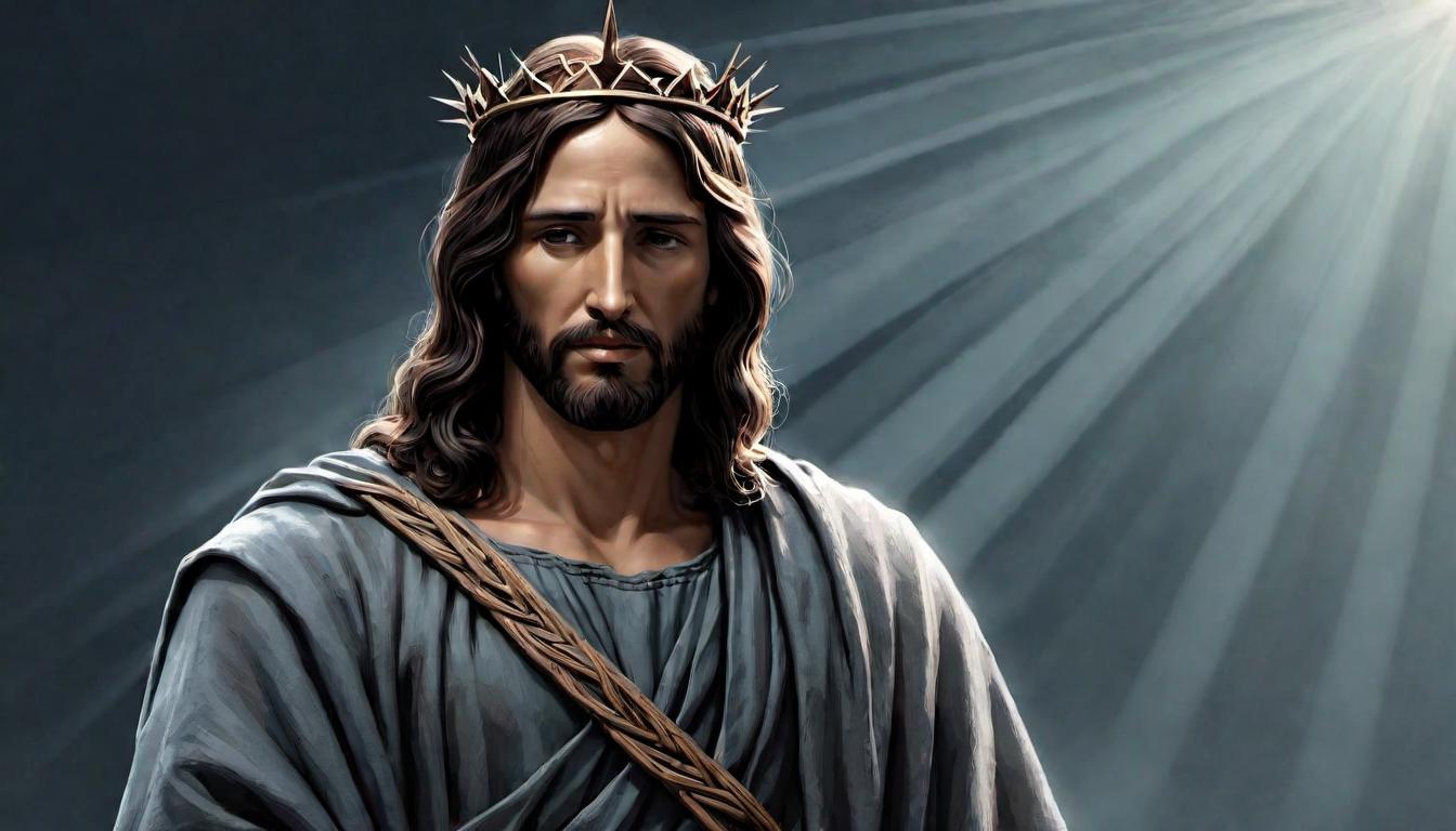  digital illustration, Jesus Christ, standing tall with a crown of thorns, a serene yet pained expression on his face, enveloped in somber light, coarse, simplistic clothes, sacred, somber, looking at viewer, dynamic pose, (intricate details, masterpiece, best quality)