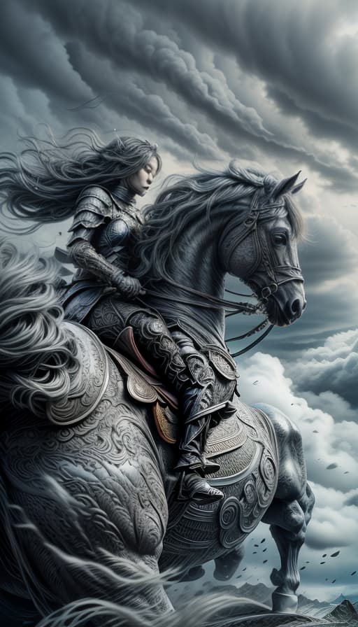  a woman riding on the back of a horse in war ,realistic art, black armour, symmetrical epic fantasy art, detailed gothic realistic,award winning composition,high quality,masterpiece,extremely detailed,high res,4k,ultra high res,detailed shadow,ultra realistic,dramatic lighting,bright light