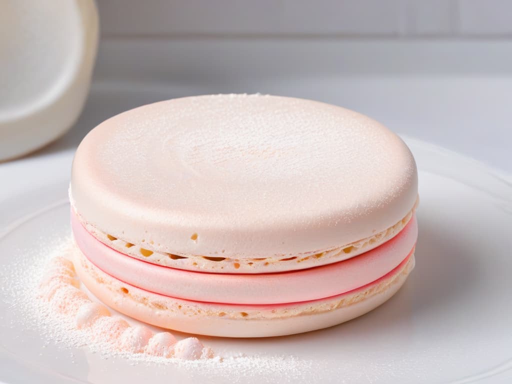  A closeup, ultradetailed image of a perfectly smooth, glossy macaron shell with delicate feet, dusted with a light sprinkle of powdered sugar, resting on a pristine marble countertop. The shell is a soft pastel pink color, showcasing a subtle gradient effect, with a precise piped filling peeking out between the two halves. The lighting is impeccable, highlighting the intricate details of the macaron's texture and shine, inviting the viewer to appreciate its elegance and craftsmanship. hyperrealistic, full body, detailed clothing, highly detailed, cinematic lighting, stunningly beautiful, intricate, sharp focus, f/1. 8, 85mm, (centered image composition), (professionally color graded), ((bright soft diffused light)), volumetric fog, trending on instagram, trending on tumblr, HDR 4K, 8K