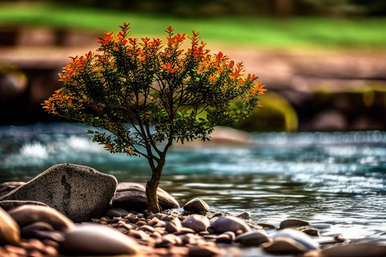  blur background with stones water sunlight leaves tree