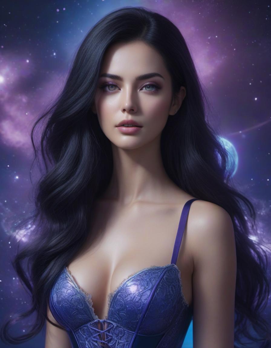  hyperrealistic art (masterpiece, top quality, best quality, official art, beautiful and aesthetic:1.2), girl, detailed face, long black hair, full body, blue shirt with high collar, violet corset, long blue skit, celestial, cosmic, extremely beautiful, high detailed, (galactic in background), luminous effects, highest detailed, floating particles, ancient runes, geometric patterns, V0id3nergy , mana, shadows, epic atmosphere . extremely high resolution details, photographic, realism pushed to extreme, fine texture, incredibly lifelike hyperrealistic, full body, detailed clothing, highly detailed, cinematic lighting, stunningly beautiful, intricate, sharp focus, f/1. 8, 85mm, (centered image composition), (professionally color graded), ((bright soft diffused light)), volumetric fog, trending on instagram, trending on tumblr, HDR 4K, 8K