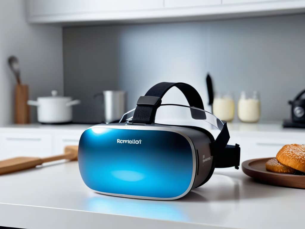  A minimalist, highresolution image of a virtual reality headset placed on a sleek, modern kitchen countertop. The VR headset is glowing softly, casting a subtle light on the surrounding utensils like measuring spoons and a whisk. The background is blurred to keep the focus on the VR headset, conveying a sense of technology merging with traditional baking tools in a professional kitchen setting. hyperrealistic, full body, detailed clothing, highly detailed, cinematic lighting, stunningly beautiful, intricate, sharp focus, f/1. 8, 85mm, (centered image composition), (professionally color graded), ((bright soft diffused light)), volumetric fog, trending on instagram, trending on tumblr, HDR 4K, 8K