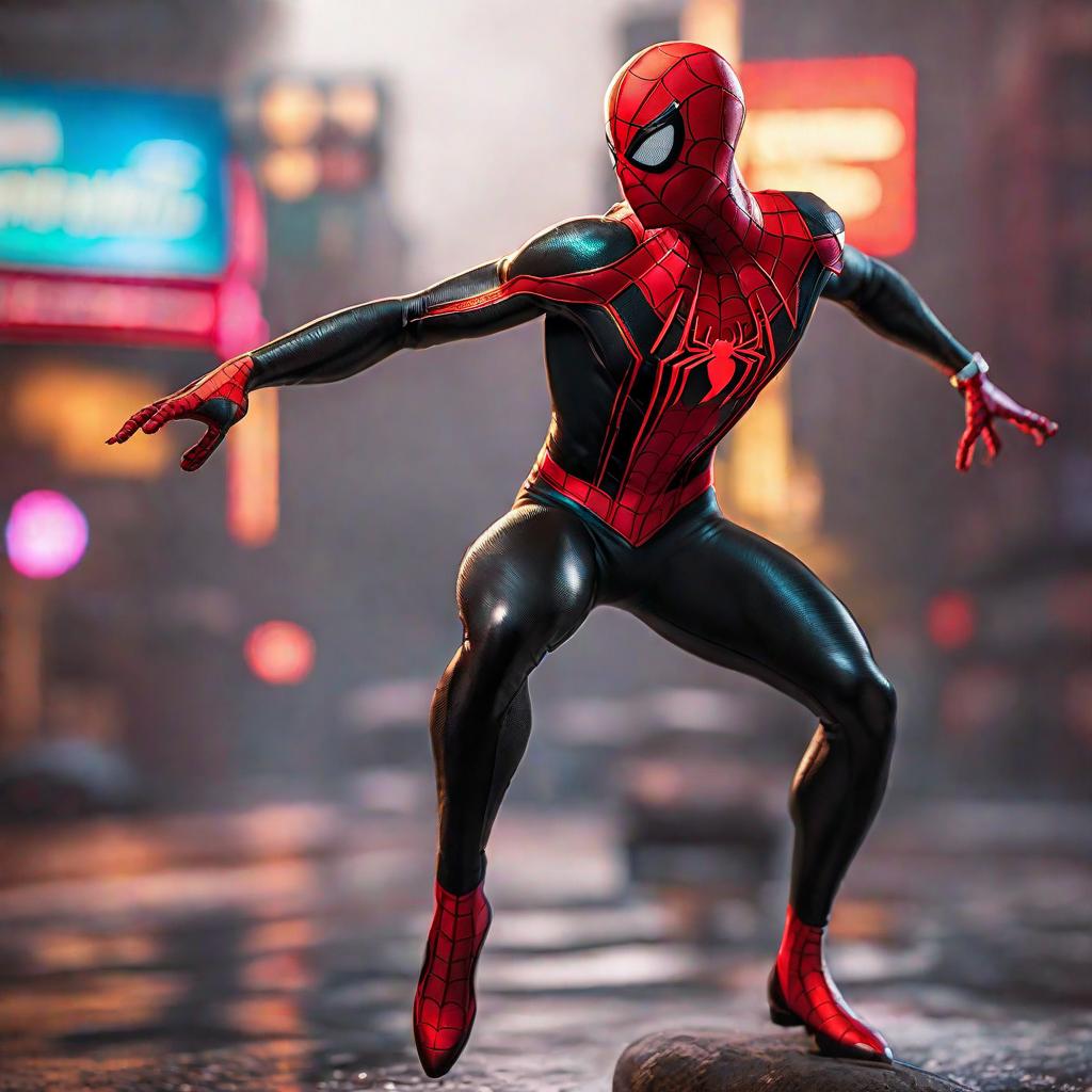  Spiderman Miles Morales saltando en estilo comic hyperrealistic, full body, detailed clothing, highly detailed, cinematic lighting, stunningly beautiful, intricate, sharp focus, f/1. 8, 85mm, (centered image composition), (professionally color graded), ((bright soft diffused light)), volumetric fog, trending on instagram, trending on tumblr, HDR 4K, 8K