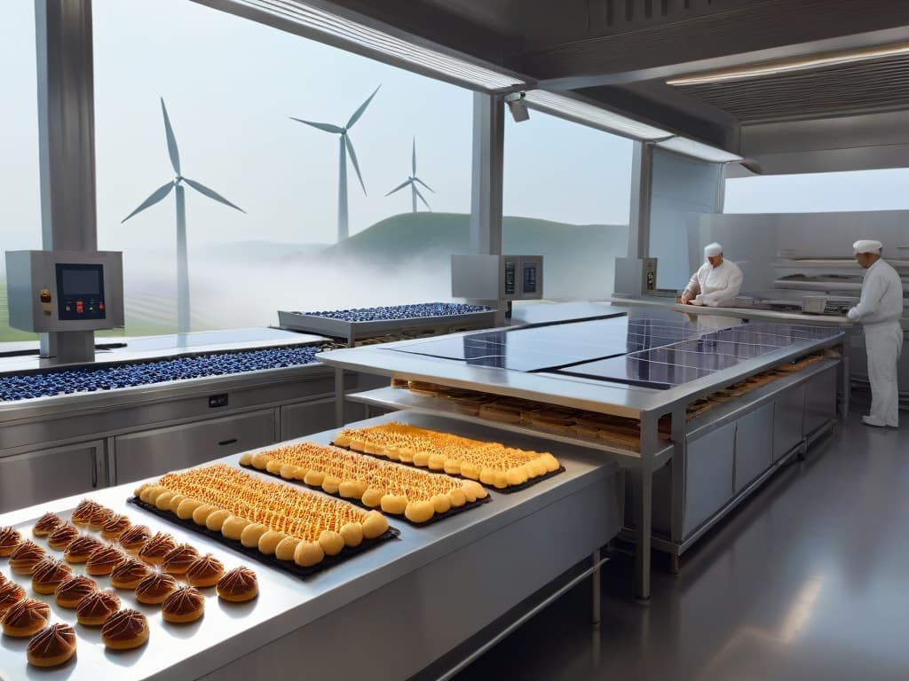  An ultradetailed photorealistic image of a modern bakery kitchen flooded with natural light, showcasing an array of solar panels on its roof, wind turbines spinning gracefully in the background, and a variety of energyefficient appliances and machinery being used to create delicious desserts. The scene captures the seamless integration of renewable energy sources in the culinary process, emphasizing sustainability and innovation in the realm of pastrymaking. hyperrealistic, full body, detailed clothing, highly detailed, cinematic lighting, stunningly beautiful, intricate, sharp focus, f/1. 8, 85mm, (centered image composition), (professionally color graded), ((bright soft diffused light)), volumetric fog, trending on instagram, trending on tumblr, HDR 4K, 8K