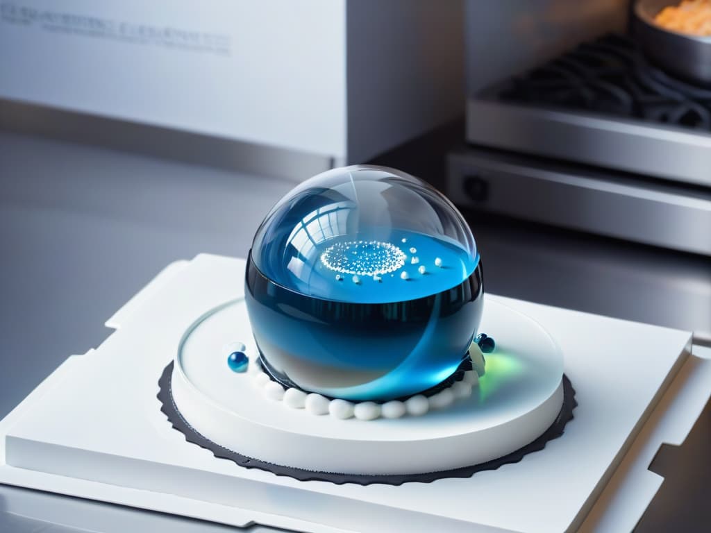  A closeup, ultradetailed image of a delicate sugar sphere being carefully crafted with molecular gastronomy tools. The sphere is transparent, capturing the reflection of a futuristic kitchen setting with stainless steel countertops and hightech equipment in the background. The intricate details of the sugar sphere showcase the precision and artistry involved in molecular pastry making, emphasizing the elegance and sophistication of this culinary technique. hyperrealistic, full body, detailed clothing, highly detailed, cinematic lighting, stunningly beautiful, intricate, sharp focus, f/1. 8, 85mm, (centered image composition), (professionally color graded), ((bright soft diffused light)), volumetric fog, trending on instagram, trending on tumblr, HDR 4K, 8K