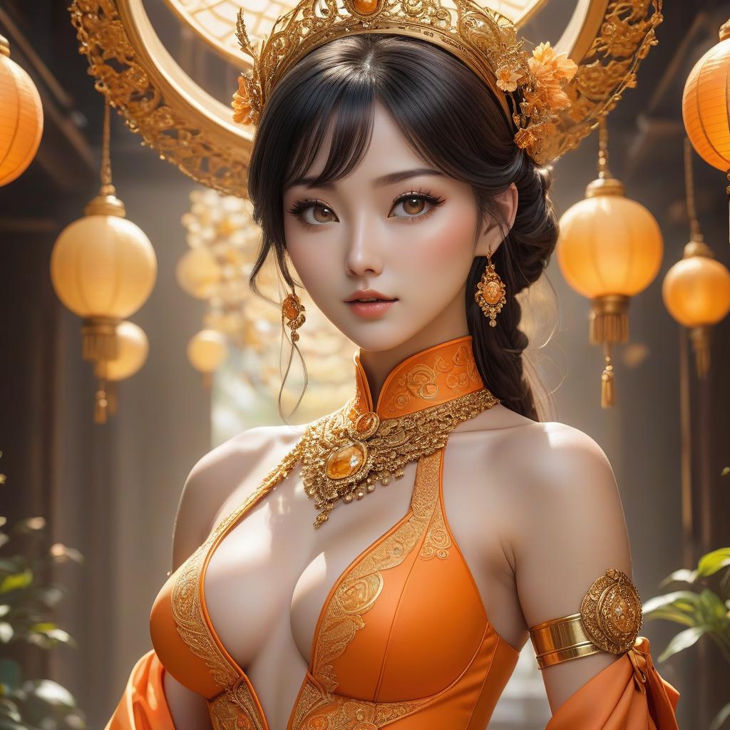  A cartoon girl in an orange costume with gold jewelry, in the style of miho hirano, light yellow and dark brown, close up, traditional costumes, childlike simplicity, comic art, tondo hyperrealistic, full body, detailed clothing, highly detailed, cinematic lighting, stunningly beautiful, intricate, sharp focus, f/1. 8, 85mm, (centered image composition), (professionally color graded), ((bright soft diffused light)), volumetric fog, trending on instagram, trending on tumblr, HDR 4K, 8K