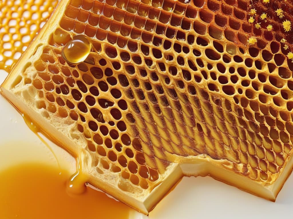  A highresolution, ultradetailed image of a golden, shimmering honeycomb dripping with rich, ambercolored honey from the melipona bee, displayed against a stark white background. The hexagonal shapes of the comb are perfectly symmetrical, with each cell glistening in the light, showcasing the natural beauty and sweetness of this unique type of honey. hyperrealistic, full body, detailed clothing, highly detailed, cinematic lighting, stunningly beautiful, intricate, sharp focus, f/1. 8, 85mm, (centered image composition), (professionally color graded), ((bright soft diffused light)), volumetric fog, trending on instagram, trending on tumblr, HDR 4K, 8K