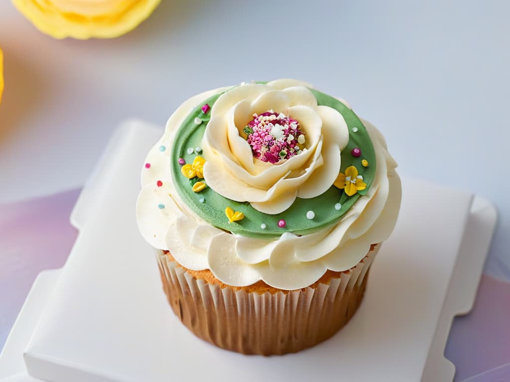  A closeup, ultradetailed image of a beautifully decorated cupcake topped with vibrant, multicolored sprinkles arranged in a visually appealing pattern. The frosting is perfectly swirled and glistens under soft lighting, showcasing intricate details like delicate edible flowers and shimmering sugar pearls. The background is a soft blur, emphasizing the intricate design of the cupcake and creating a visually striking, minimalistic composition that captures the essence of hashtagpowered pastry artistry on social media. hyperrealistic, full body, detailed clothing, highly detailed, cinematic lighting, stunningly beautiful, intricate, sharp focus, f/1. 8, 85mm, (centered image composition), (professionally color graded), ((bright soft diffused light)), volumetric fog, trending on instagram, trending on tumblr, HDR 4K, 8K