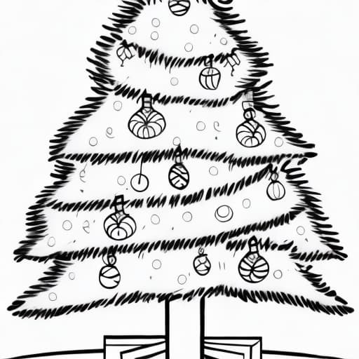  black and white coloring drawing of 3 Christmas presents under a medium-sized Christmas tree