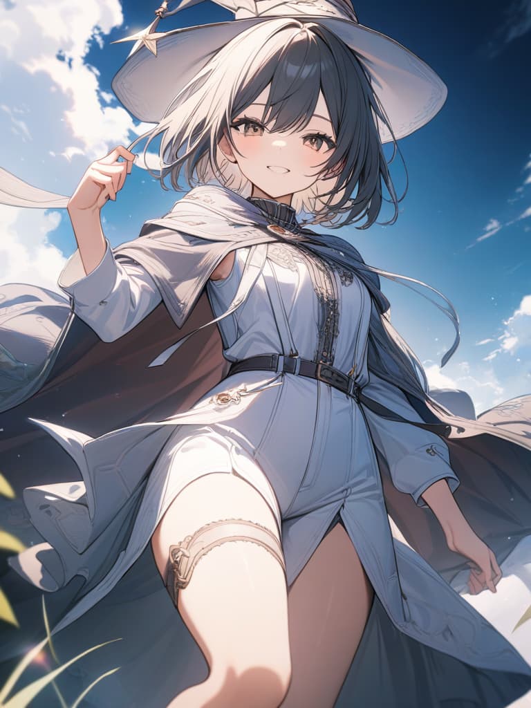  Manipulating the wind, short hair, cloak, long hem clothes, smiling, wand, witch hat, overall white, masterpiece, best quality,8k,ultra detailed,high resolution,an extremely delicate and beautiful,hyper detail