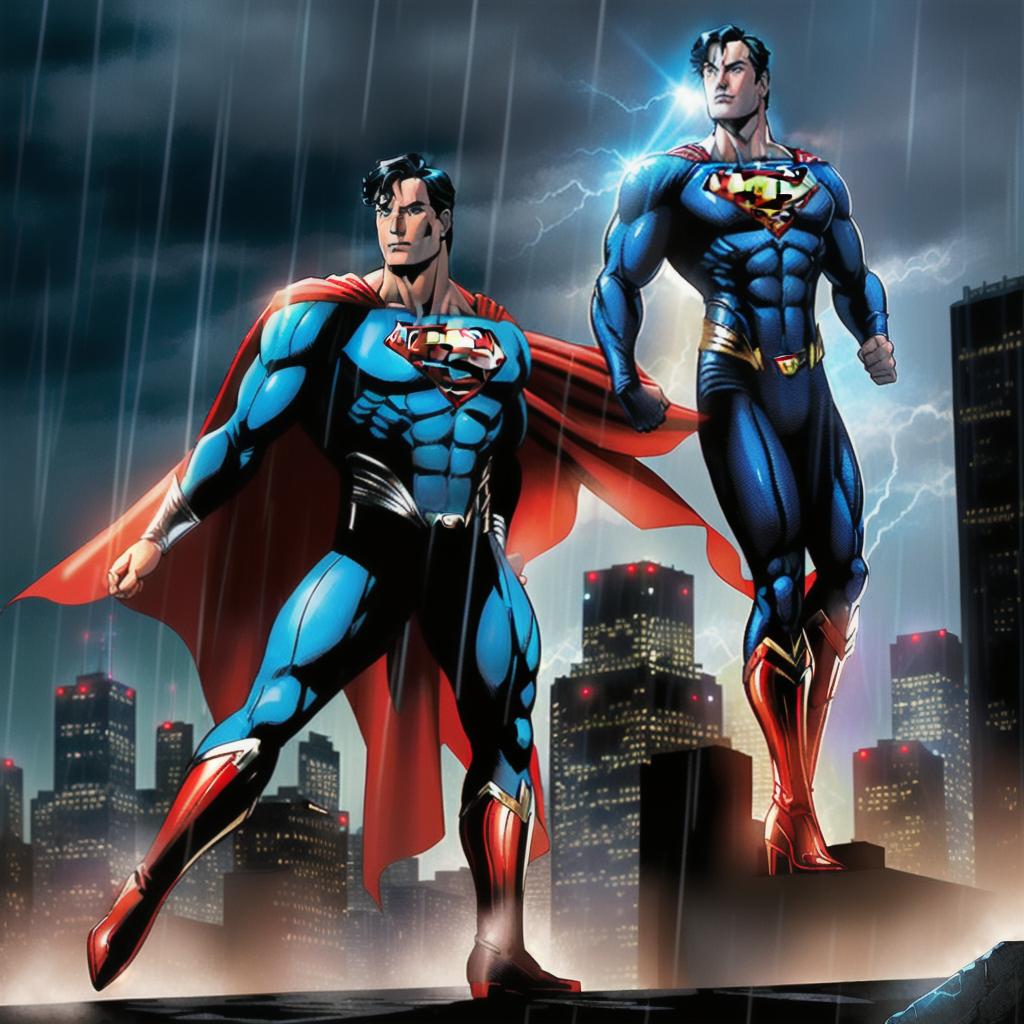  full body superman in a city background. Comic book style, highly detailed, sharp details, award winning, raining