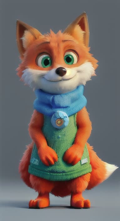  {Error the fox pressing the blue button with his paw, looking puzzled as nothing occurs., Error is a small, bright orange fox with a fluffy tail and big, inquisitive eyes. He has a mischievous yet kind expression and wears a tiny green scarf.