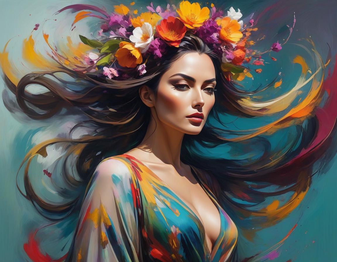  abstract expressionist painting An illustration of a woman with flowers in her hair and as part of her flowing attire, blending nature and beauty in a fantasy style . energetic brushwork, bold colors, abstract forms, expressive, emotional hyperrealistic, full body, detailed clothing, highly detailed, cinematic lighting, stunningly beautiful, intricate, sharp focus, f/1. 8, 85mm, (centered image composition), (professionally color graded), ((bright soft diffused light)), volumetric fog, trending on instagram, trending on tumblr, HDR 4K, 8K