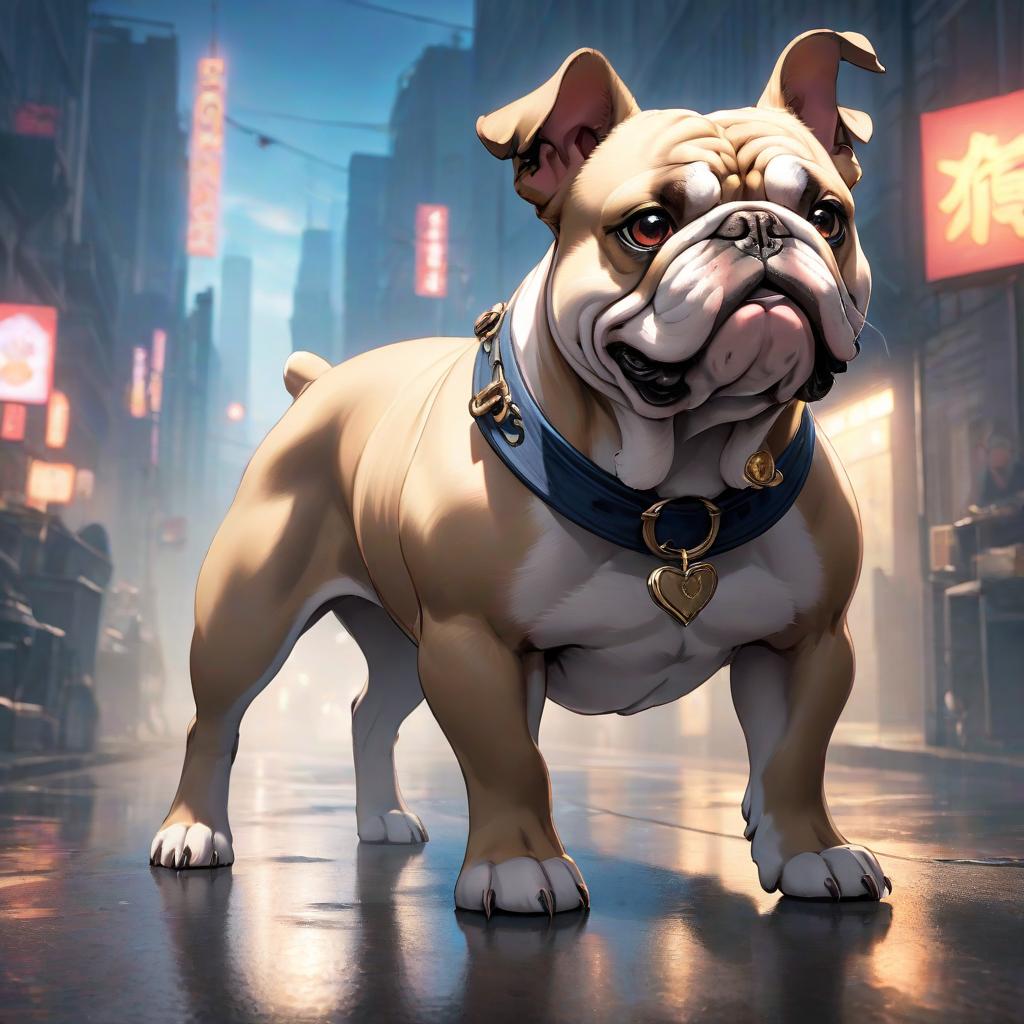  anime artwork A bulldog, bright lighting, charmingly. . anime style, key visual, vibrant, studio anime, highly detailed hyperrealistic, full body, detailed clothing, highly detailed, cinematic lighting, stunningly beautiful, intricate, sharp focus, f/1. 8, 85mm, (centered image composition), (professionally color graded), ((bright soft diffused light)), volumetric fog, trending on instagram, trending on tumblr, HDR 4K, 8K