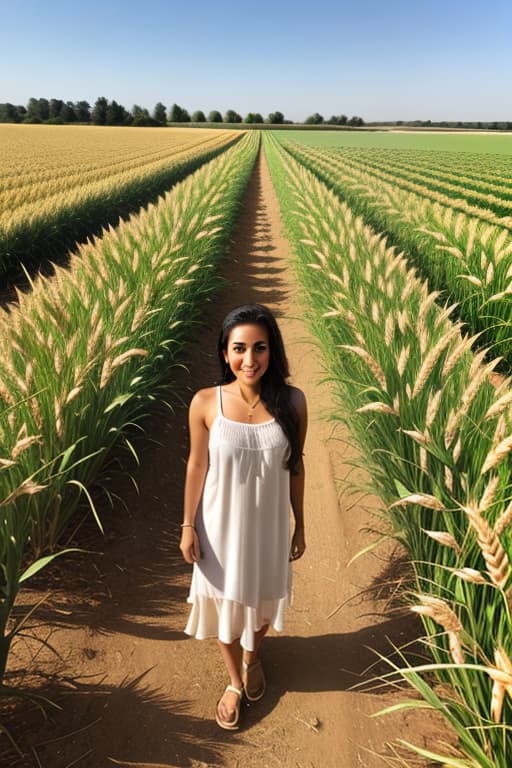  Middle eastern female, full body picture pose, tall wheat, field, farm