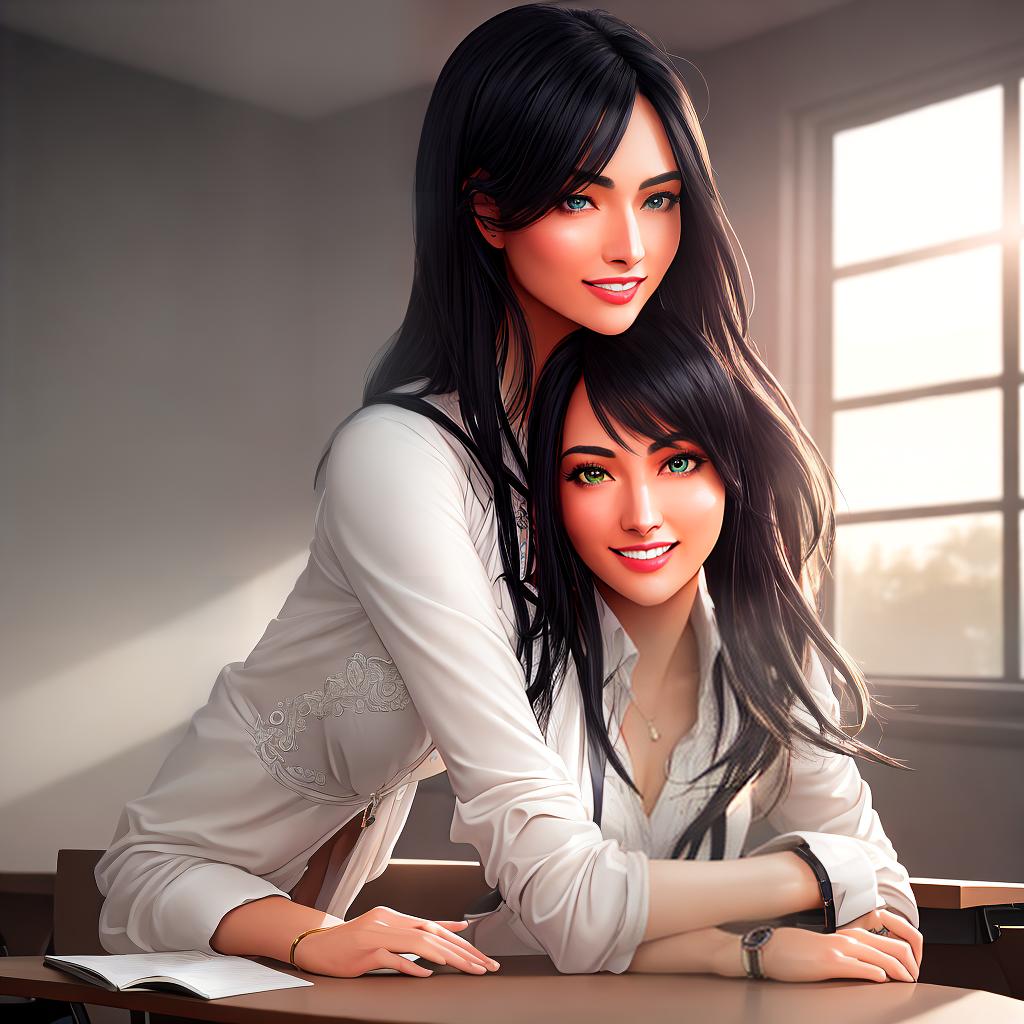  Capture a stunning masterpiece with the best quality, 8k resolution, and high detailed, ultra-detailed. The main subject of the scene is a girl sitting in a classroom. Create a beautiful composition with elements like a girl, black hair, smiling, windows in the background, and sunshine. hyperrealistic, full body, detailed clothing, highly detailed, cinematic lighting, stunningly beautiful, intricate, sharp focus, f/1. 8, 85mm, (centered image composition), (professionally color graded), ((bright soft diffused light)), volumetric fog, trending on instagram, trending on tumblr, HDR 4K, 8K