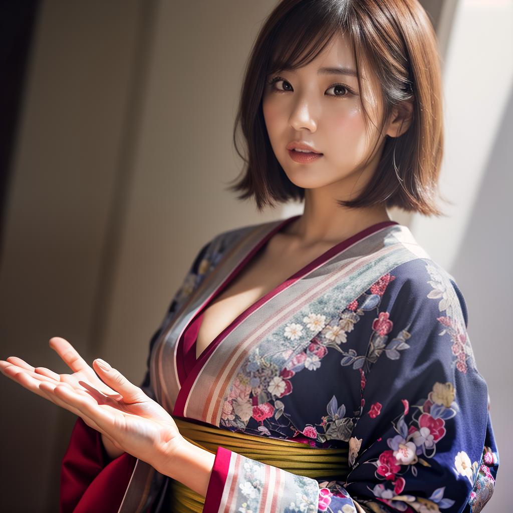  (masterpiece:1.3), (8k, photorealistic, photo, best quality: 1.4), (Japanese woman wearing clothes:),(realistic face), realistic eyes, (realistic skin), beautiful skin, kimono, (perfect body:1.3), (detailed body:1.2), hyperrealistic, full body, detailed clothing, highly detailed, cinematic lighting, stunningly beautiful, intricate, sharp focus, f/1. 8, 85mm, (centered image composition), (professionally color graded), ((bright soft diffused light)), volumetric fog, trending on instagram, trending on tumblr, HDR 4K, 8K