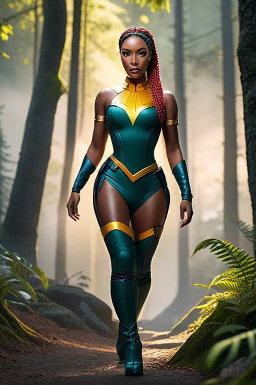  best quality, masterpiece, highres, photorealistic, high quality, volumetric lighting, candid, Photograph, high resolution, nightime, a black women with skin details, fiery braids hair, light Aureolin eyes, fantasy, harmonious, determined, foggy old forest, dress like a super heros, beautiful with eyes liner realistic hyperrealistic, full body, detailed clothing, highly detailed, cinematic lighting, stunningly beautiful, intricate, sharp focus, f/1. 8, 85mm, (centered image composition), (professionally color graded), ((bright soft diffused light)), volumetric fog, trending on instagram, trending on tumblr, HDR 4K, 8K