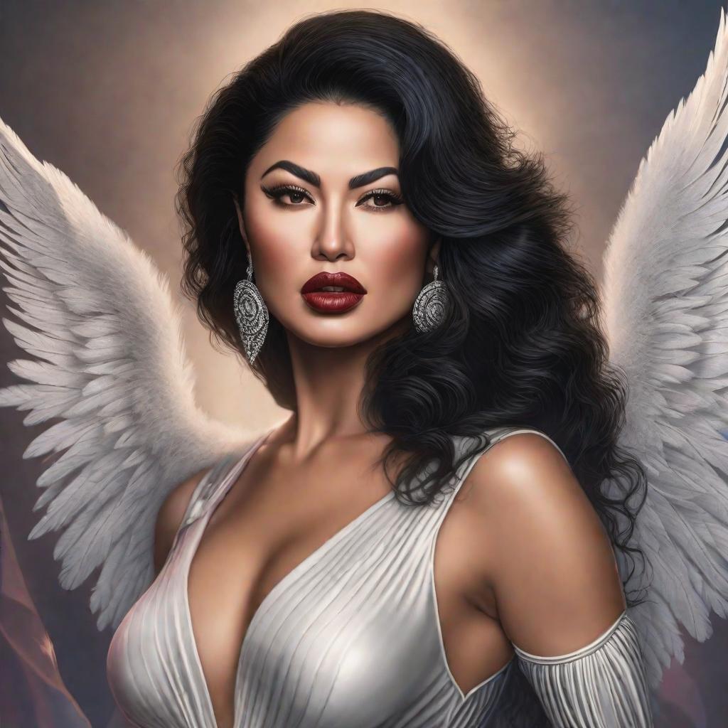  Selena quintanilla como angel hyperrealistic, full body, detailed clothing, highly detailed, cinematic lighting, stunningly beautiful, intricate, sharp focus, f/1. 8, 85mm, (centered image composition), (professionally color graded), ((bright soft diffused light)), volumetric fog, trending on instagram, trending on tumblr, HDR 4K, 8K