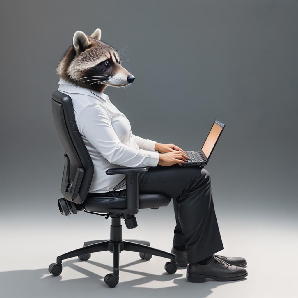  raccoon sitting in gaming chair front a computer on desktop, ((semi anthropomorphic)),(full body), tail, belly, sitting, fat, (chubby), (((white background))), solo, desktop, gaming chair, side view,  [[[clothes]]] hyperrealistic, full body, detailed clothing, highly detailed, cinematic lighting, stunningly beautiful, intricate, sharp focus, f/1. 8, 85mm, (centered image composition), (professionally color graded), ((bright soft diffused light)), volumetric fog, trending on instagram, trending on tumblr, HDR 4K, 8K