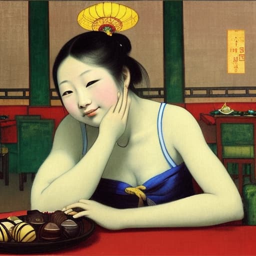  Happy Beautiful young Chinese reclining on a dinner table, fine chocolates. Background is a Chinese restaurant. Painting style of Edgar Degas