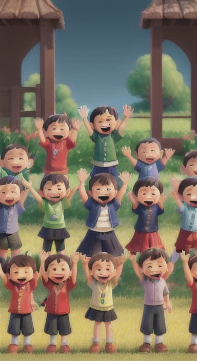  {A heartwarming scene of all the children waving goodbye with happy expressions., Children waving with wide smiles, looking grateful and content.