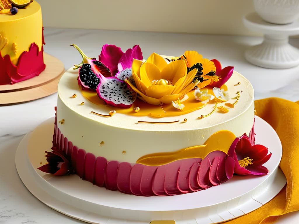  A photorealistic image of a beautifully decorated cake adorned with colorful and exotic ingredients from around the world such as saffron strands, edible flowers, dragon fruit slices, passion fruit coulis drizzle, and gold leaf accents. The cake sits on a marble countertop with elegant pastry tools scattered around, showcasing a professional and inspiring scene for global pastry creations. hyperrealistic, full body, detailed clothing, highly detailed, cinematic lighting, stunningly beautiful, intricate, sharp focus, f/1. 8, 85mm, (centered image composition), (professionally color graded), ((bright soft diffused light)), volumetric fog, trending on instagram, trending on tumblr, HDR 4K, 8K